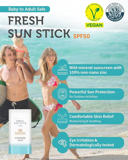 GOONGBE Fresh Sun Stick Mild SPF 50 - No White Cast Zinc Oxide Mineral Sunscreen Stick Balm - Non Greasy Soft Matte Finish - Travel Friendly for Babies, Kids & Adults - Vegan, Reef-Safe, 0.49oz.