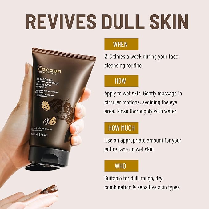 Cocoon Dak Lak Coffee Face Polish with Cocoa Butter & Safflower Oil. 100% Vegan Exfoliating Scrub for Smooth & Glowing Skins | Anti Blackheads, Enlarged Pores, Wrinkles & Fine Lines (5.07 fl oz)