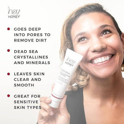 Hey Honey, Come Clean Propolis & Mineral Facial Scrub. Rich, Exfoliating, Dead Sea Salt Scrub designed to be gentle enough for even the most sensitive skin. 110ml