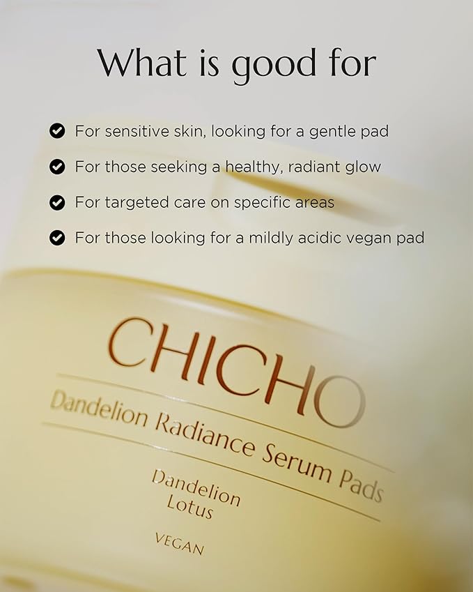 CHICHO Dandelion Radiance Serum Pads 80.2% Dandelion Biome Lotus Extract - Vegan Toner Pad for Radiant Skin - Natural Origin Fabric Sensitive Skin, Korean Skincare, 90 Pads