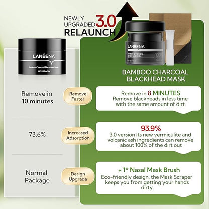 LANBENA 3.0 Bamboo Charcoal Blackhead Remover Mask, 50g/1.76 oz, 120+ pcs Nose Pore Strips, Peel off Face Mask Whiteheads Cleanser Strawberry Nose Purifying, with Amazonian White Clay