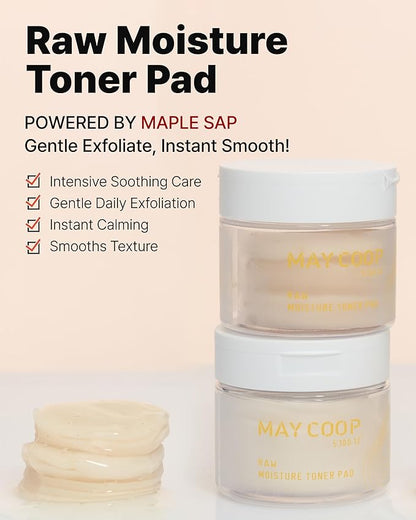 MAY COOP Raw Moisture Korean Toner Pad – Redness Relief, Hydrating, Exfoliating Cotton Pads with 75% Maple Sap for Skin Balancing & Smoother Texture, 70 Pads