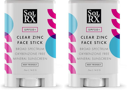 SolRX MINERAL SPF 50 Sunscreen Stick for Face - Zinc Oxide Sunsceen Stick, Clear, Non-Greasy (Pack of 2)