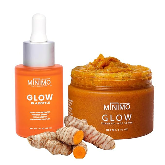 Minimo Skin Essentials Glow on Glow Combo Pack: Glow Turmeric Face Scrub (5 oz) + Glow in a Bottle Ultra-Concentrated Turmeric Serum (1 oz)