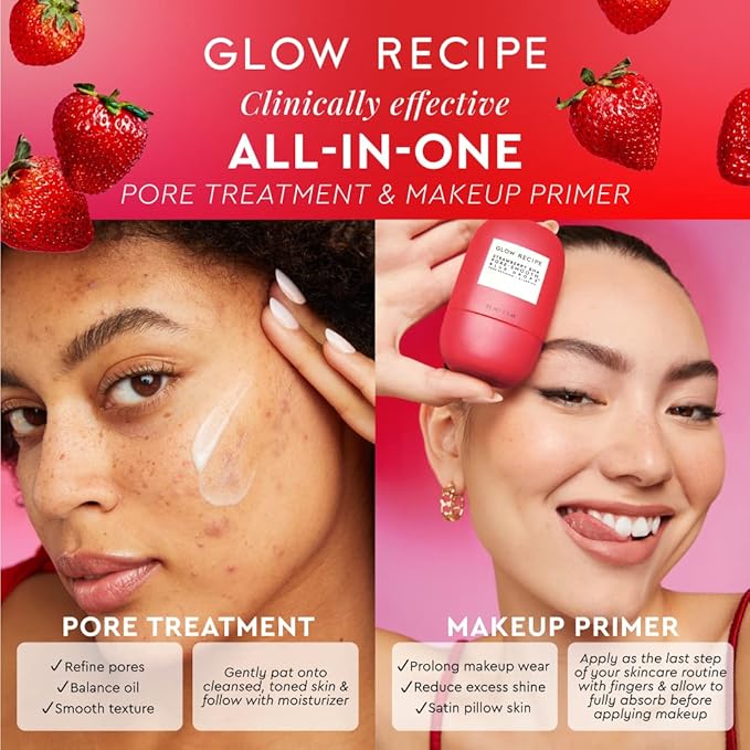 Glow Recipe Strawberry BHA Serum + Poreless Face Primer for Makeup - Silicone-Free Blurring Matte Primer to Reduce Shine & Prolong Wear - Hybrid Korean Skin Care for Oil Control & Smooth Texture, 30ml