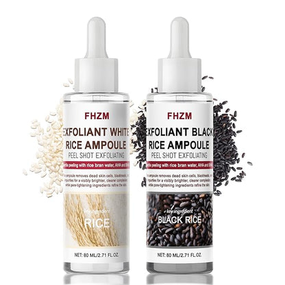 2PCS Rice Exfoliating Ampoule Set – Black & White Rice Dual Brightening Treatment | Gentle Enzyme Peel + Hydration Boost for Glowing Skin | Pore Refining & Dark Spot Care (1)