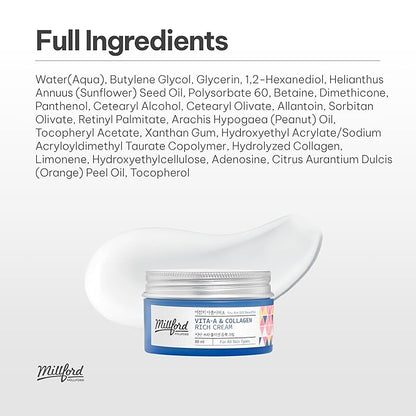 Vita A & Collagen Rich Cream 80ml/2.7 Oz, Fish/Marine Collagen, Face Cream, Anti Aging, Facial Moisturizer, Wrinkes, Fine Lines, Retinyl Palmitate, Korean Skincare