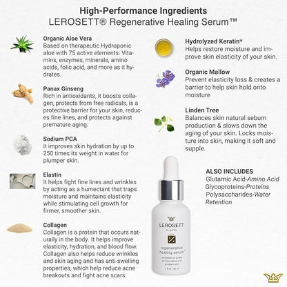 LEROSETT Serum for Acne Scarring Healing, Pimples, Redness, Breakouts, Blemishes, Hydrate & Soothes Irritated Skin, Natural Serum. Spa-Grade, Plant Based, Concentrated - 1 oz