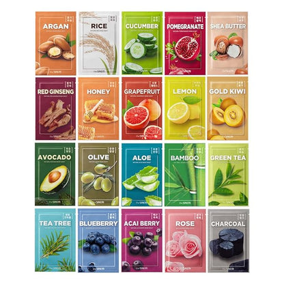 THESAEM Natural Facial Mask Sheet 21ml 20 Pack - Korean Skincare Moisturizing and Nourishing Facial Mask Sheet Variety Combo Pack