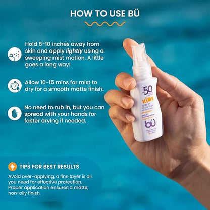 BU SPF 50 Fragrance Free Kids Sunscreen Spray for Face and Body, TSA Travel Size Sunscreen, Clear Non Aeorsol Spray, Non Greasy, Water Resistant and Oil Free, 1 oz (4-pack)