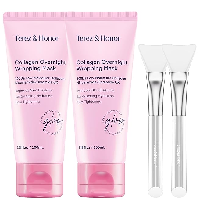 TEREZ & HONOR Collagen Night Wrapping Peel Off Mask: Korean Face Mask for Elasticity, Hydrating & Glow - 100Dalton Smallest Molecular Collagen for Glass Skin, Dermatologist Tested, 3.4 FL OZ 2 Pcs