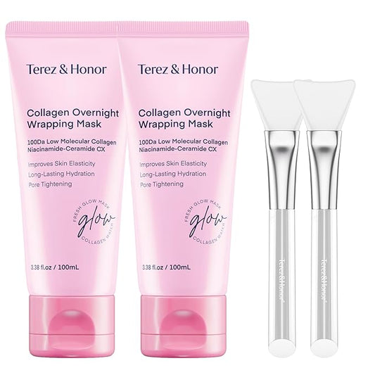 TEREZ & HONOR Collagen Night Wrapping Peel Off Mask: Korean Face Mask for Elasticity, Hydrating & Glow - 100Dalton Smallest Molecular Collagen for Glass Skin, Dermatologist Tested, 3.4 FL OZ 2 Pcs