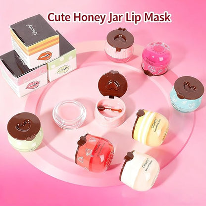 8 PCS Bee Lip Balm Lip Mask Honey Pot,Honey Lip Balm Bulk,Strawberry,Watermelon,Apple Lime,Cherry,Mint, Grapes&Peach Flavors,Sleeping Mask Overnight with Stick,Hydrating Prevention Dry&Cracked