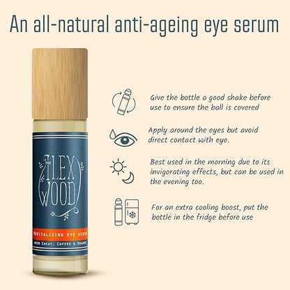 The Ilex Wood - Revitalising Eye Serum. An all-natural vegan anti-ageing serum with Cacay Oil, Green Coffee Arabica Oil, Frankincense, Eucalyptus, Thyme, Bergamot & Orange - 10ml (0.34 fl oz)