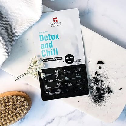 Leaders Insolution Daily Wonders Detox and Chill Facial Mask Sheet Activated Charcoal Purifying Pore Minimizing Exfoliating Dead Skin Korean Skincare (10 Sheets)