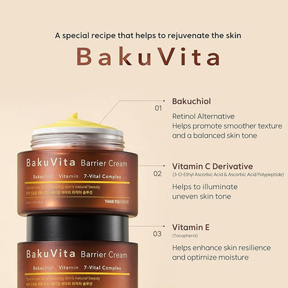 THANKYOU FARMER BakuVita Barrier Cream - Bakuchiol Cream, Day & Night Korean Moisturizer, Bakuchiol Retinol Alternative, Vitamin C + E Korean Serum, Pore Care, Firming, Vegan 1.75 fl oz (50ml)