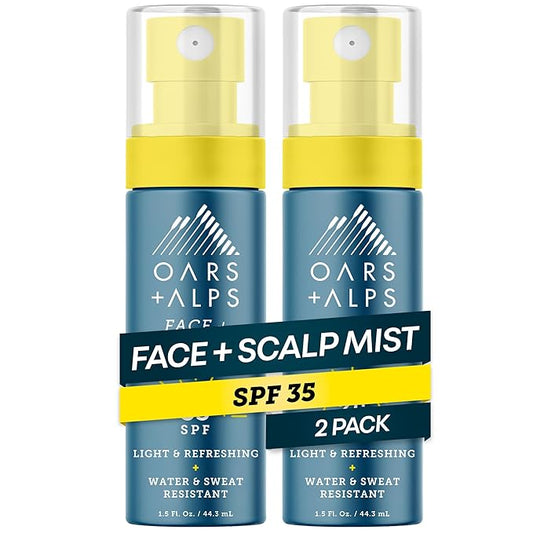 Oars + Alps Face & Scalp Sunscreen Spray Mist, SPF 35 Facial & Hair Sunscreen, Protects from Blue Light, Infused with Aloe Vera + Cucumber, Water & Sweat Resistant, Summer Splash Scent, 2pk