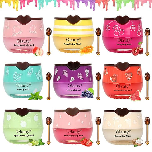 9 PCS Bee Lip Balm Honey Pot,Strawberry,Watermelon,Apple Lime,Cherry,Mint,Grapes,Coconut&Peach Honey Lip Overnight Lip Balm Bulk,Moisturizing Lip Mask & Preventing Dry,Cracked Lips,Stocking Stuffers