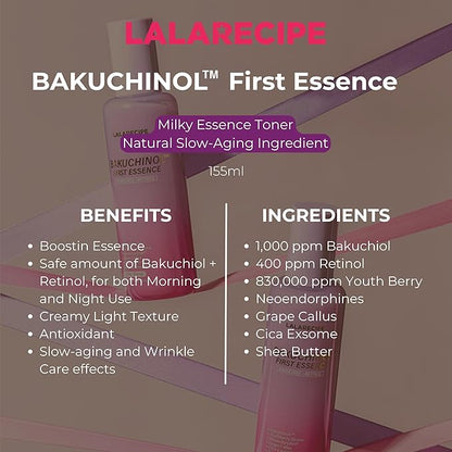 Bakuchiol First Essence – Hydrating Milky Korean Toner with Retinol Liposome, Shea Butter & Peptides – Vegan Skincare for Wrinkle Care & Elasticity (5.24 fl oz)