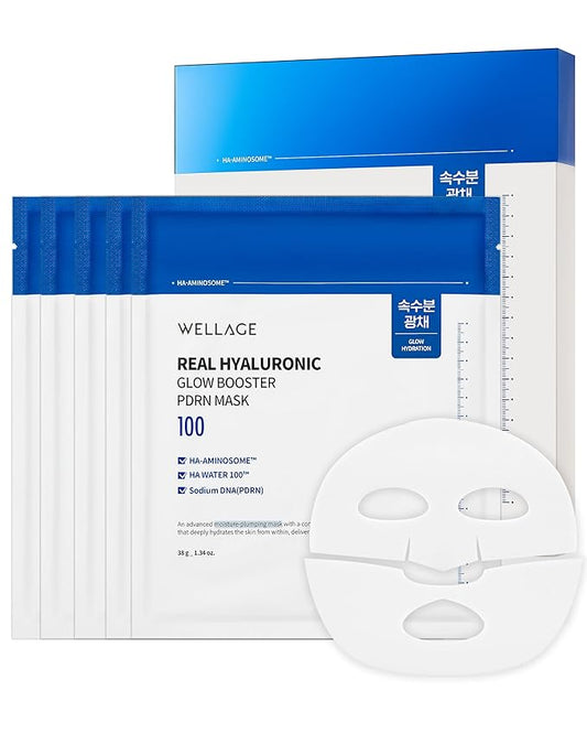 WELLAGE Real Hyaluronic Glow Booster PDRN Hydrogel Face Sheet Mask - Over night Face Masks for Deep Moisture Plumping and Radiant Skin - Korean Skincare, 5 Sheets