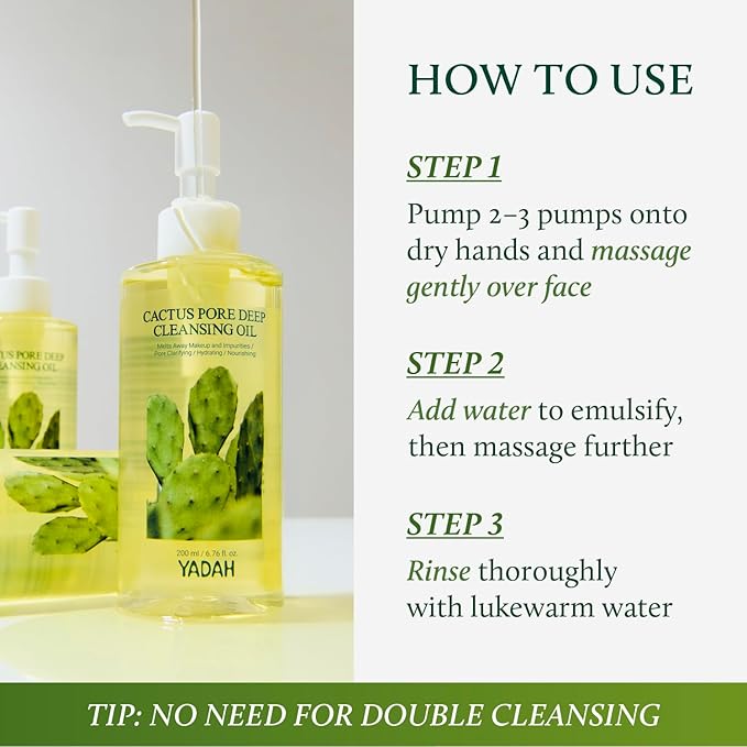 YADAH Cactus Pore Deep Cleansing Oil (6.76 Fl Oz) – Lightweight Daily Facial Cleanser & Daily Makeup Remover with Cactus Seed Oil for Pore Purifying & Balanced Skin, Double Cleansing Korean Skincare