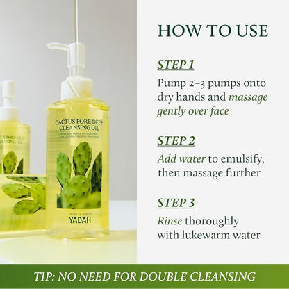 YADAH Cactus Pore Deep Cleansing Oil (6.76 Fl Oz) – Lightweight Daily Facial Cleanser & Daily Makeup Remover with Cactus Seed Oil for Pore Purifying & Balanced Skin, Double Cleansing Korean Skincare