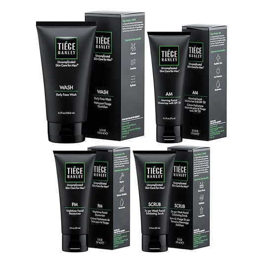 Tiege Hanley 90 Day Large Skin Care Set for Men, Essential Routine, System Level 1, Daily Face Wash, Facial Scrub, Moisturizer With SPF, and Night Cream for Healthy Skin, Men’s Skin Care, 4 Piece Kit