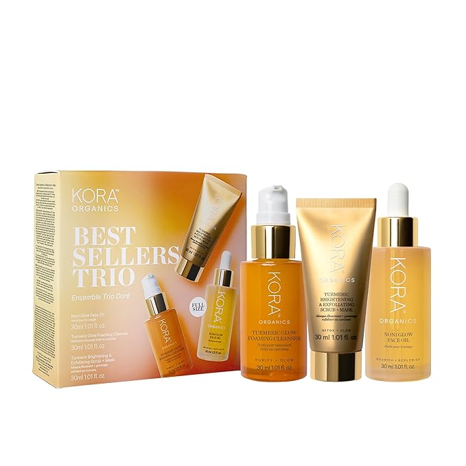 KORA Organics Best Sellers Trio, Gift Set with Noni Glow Face Oil, Turmeric Brightening & Exfoliating Mask and Foaming Cleanser (3 Items)
