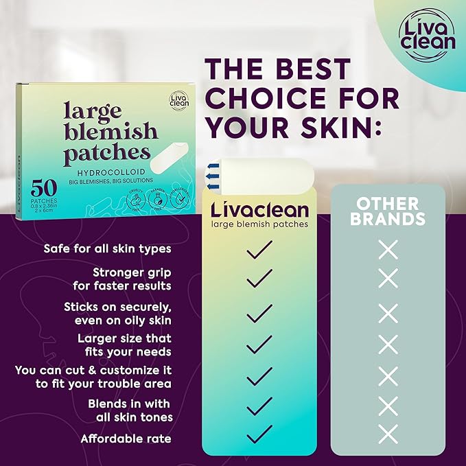 LivaClean LC 𝟏𝟎𝟎 𝐂𝐓, 𝟐 𝐏𝐚𝐜𝐤 Large Hydrocolloid Acne Patches - for Pore Spots Nose Face Cystic Pimple Zit Patch - Big Pimple Patches Hydrocolloid Bandages Strips Stickers Patch XL Large Acne