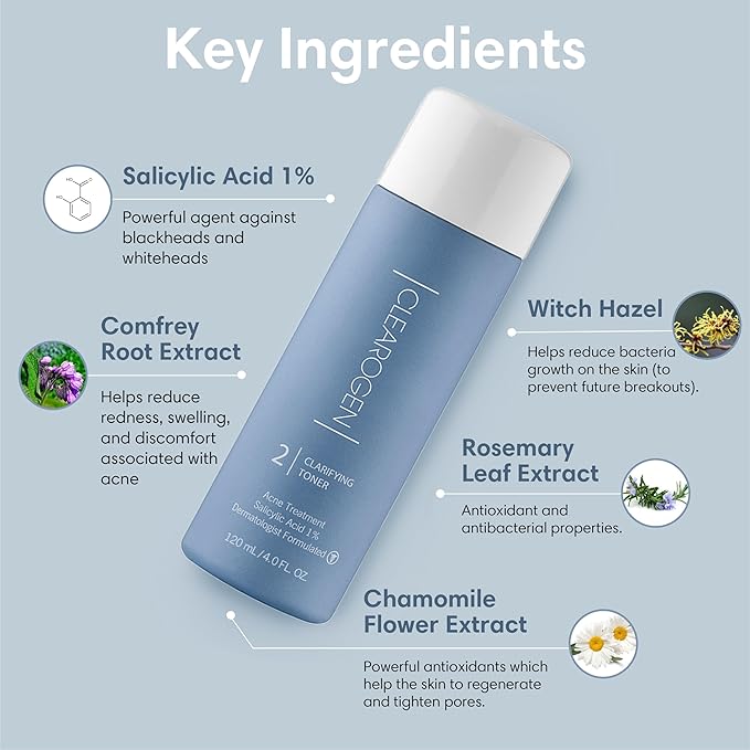 Clearogen Clarifying Toner for Acne and Blemishes, Face Toner, Facial Toner, Skin Toner, Acne Toner, Toner Oily Skin, Salicylic Acid Toner, Astringent for Face, Toners, 4 Fl Oz