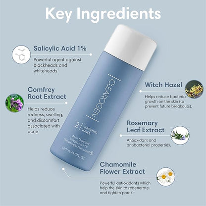 Clearogen Clarifying Toner for Acne and Blemishes, Face Toner, Facial Toner, Skin Toner, Acne Toner, Toner Oily Skin, Salicylic Acid Toner, Astringent for Face, Toners, 4 Fl Oz