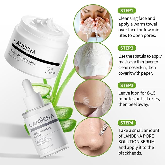 LANBENA 3 in 1 Blackhead Removing Set, Pore Strips+Pore Solution Serum+Removal Strip Paper, Black Head Remover Mask for Face, Pore Minimizer & Reducer for Face, Leaving Your Skin Fresh and Clean