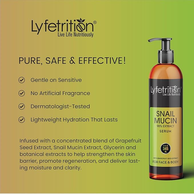 Lyfetrition Snail Mucin 98% Power Repairing Serum with Hyaluronic Acid & Aloe Vera, Skin Repair Serum, Moisturizing Serum Essence for Soothing, Reducing Fine Lines Deep Nourishing (12 Fl Oz)