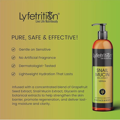 Lyfetrition Snail Mucin 98% Power Repairing Serum with Hyaluronic Acid & Aloe Vera, Skin Repair Serum, Moisturizing Serum Essence for Soothing, Reducing Fine Lines Deep Nourishing (12 Fl Oz)