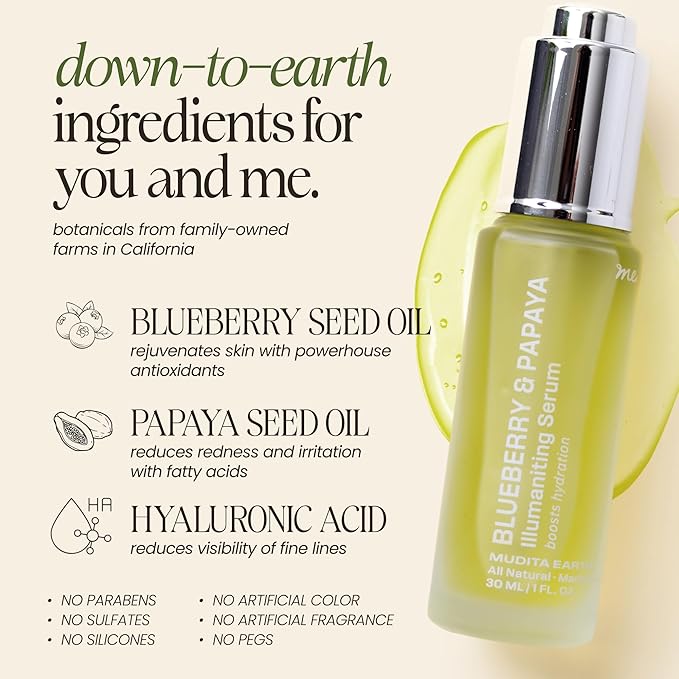 Mudita Earth Hyaluronic Acid Serum + Vitamin B5 for Face – 1 fl oz | Dermatologist-Tested Blueberry & Papaya Glow Serum | Moisturizer, Hydrating & Healthy-Aging Skincare for Acne, Sensitive & Dry Skin
