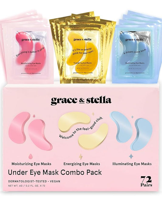 grace & stella Under Eye Mask - Reduce Dark Circles, Puffy Eyes, Undereye Bags, Wrinkles - Gel Under Eye Patches, Vegan Cruelty-Free Self Care (72 Pairs, GoldPinkBlue)