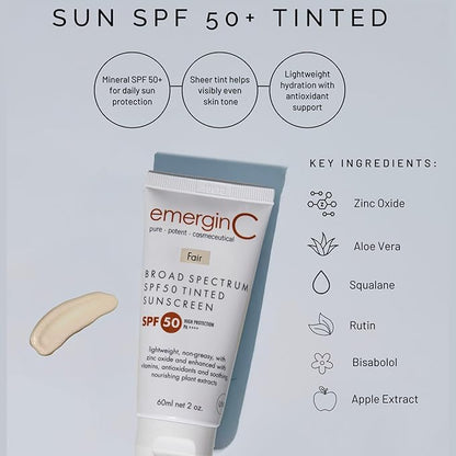 emerginC Broad Spectrum SPF 50 Tinted Mineral Sunscreen for Face (Fair) - Mineral Based Tinted SPF & Moisturizer with UVA/UVB Protection - Lightweight, Non-Greasy - With Aloe Vera & Zinc Oxide (2 oz)