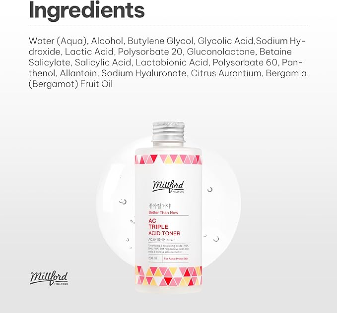 AC Triple Acid Toner 6.76 oz/200 ml – AHA/BHA/PHA Exfoliating & Hydrating Facial Toner with Salicylic Acid & Glycolic Acid for Oily Skin, Pore Cleaning, Acne & Sebum Control, Korean Skincare