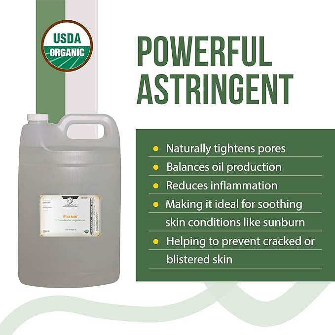 Organic Witch Hazel – 100% Pure Natural USP Astringent with 14% Alcohol | Hamamelis Virginiana Extract for Face, Skin, Hair & Wellness | 128 Fl Oz | 1 Gallon | Net Wt: 3.8kg /8.4 lbs