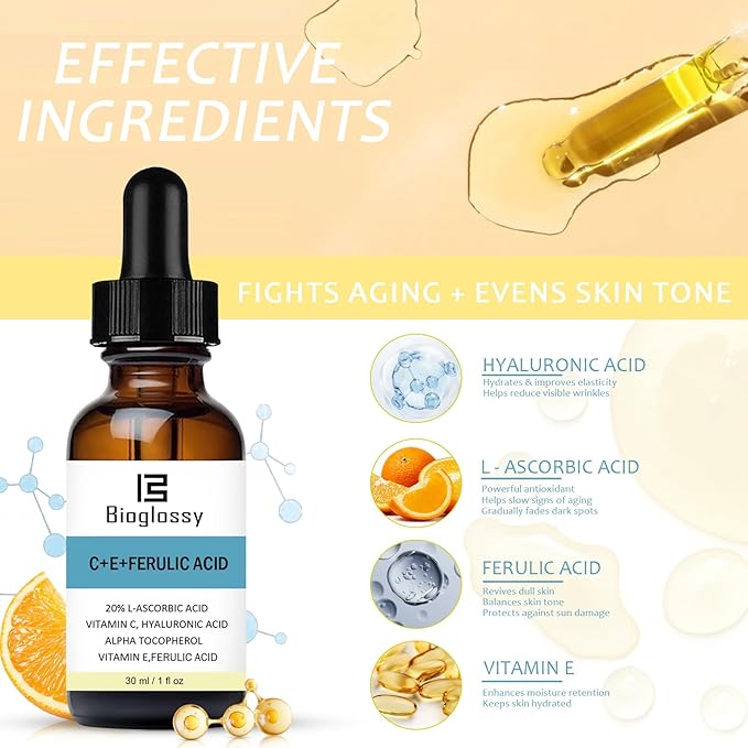 Vitamin CE Ferulic Acid Serum 20% Vitamin C Serum + Vitamin E & Hyaluronic Acid - Skin Moisturizer Face Dark Spot Corrector and Anti Aging 30ml / 1 fl.oz