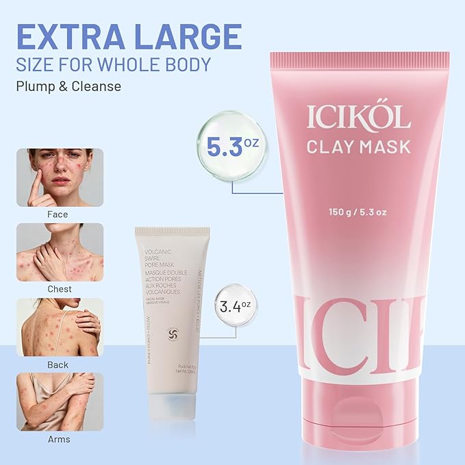Large Kaolin Clay Face Mask, 15 Minutes Visible Pore Purifying and Skin Glowing Blue Mud Masks with Pearl and Niacinamide, Brush Included, 5.3 oz