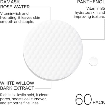 Rose Infused Face Toning Pads (60 Pack) | Daily Exfoliating Toner Cotton Rounds with Rose Water | Korean Skin Care