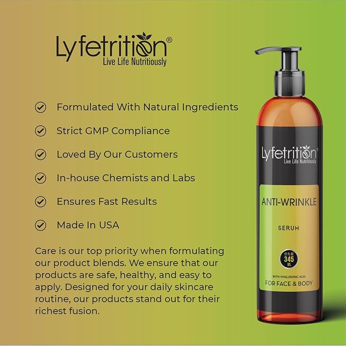 Lyfetrition Anti-Wrinkle Serum | 12 Oz Large Bottle | Anti-Aging Face Serum With Jojoba Oil, Rosehip Seed Oil & Many More Natural Ingredients - Moisturizing Cleanser for Fair & Younger Looking Skin