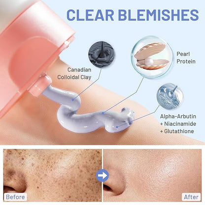 Large Kaolin Clay Face Mask, 15 Minutes Visible Pore Purifying and Skin Glowing Blue Mud Masks with Pearl and Niacinamide, Brush Included, 5.3 oz