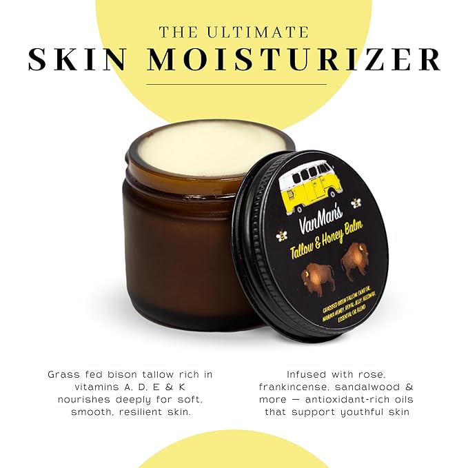 Vanman’s Tallow and Honey Balm - Grass-Fed/Finished Bison Tallow and Essential Oils, Raw Manuka Honey, Organic Royal Jelly, Beeswax, Cold Pressed Olive Oil - Tallow Skin Care for Dry Skin - 2.4 oz