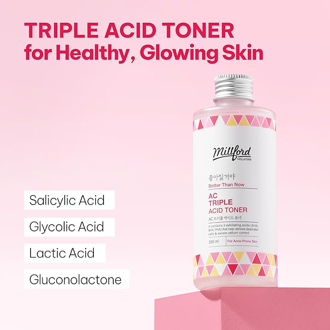 AC Triple Acid Toner 6.76 oz/200 ml – AHA/BHA/PHA Exfoliating & Hydrating Facial Toner with Salicylic Acid & Glycolic Acid for Oily Skin, Pore Cleaning, Acne & Sebum Control, Korean Skincare