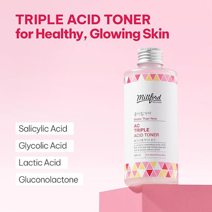 AC Triple Acid Toner 6.76 oz/200 ml – AHA/BHA/PHA Exfoliating & Hydrating Facial Toner with Salicylic Acid & Glycolic Acid for Oily Skin, Pore Cleaning, Acne & Sebum Control, Korean Skincare