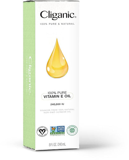 Cliganic Pure Vitamin E Oil for Skin, Scars, Hair & Face 240,000 IU (8oz), Non-GMO Verified | Natural D-Alpha Tocopherol