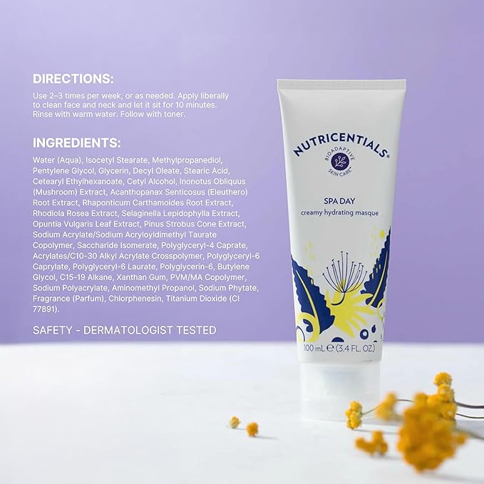 Nutricentials Spa Day Creamy Hydrating Masque 3.4 Fl. Oz - Soothe, Moisturize, and Improve Skin Tone with Cactus and Pine Cone Extracts - Nourishing Formula for Radiant and Healthy-Glowing Complexion