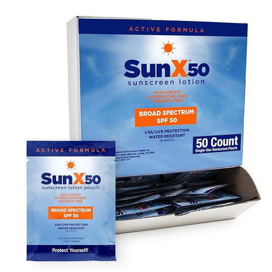 CoreTex Sun X 50 SPF Broad Spectrum Sunscreen Packets - Pack of 50 Paraben, Oxybenzone, Octinoxate, & Oil Free Sunscreen - No White Cast and Water & Sweat Resistant Up to 80 Minutes